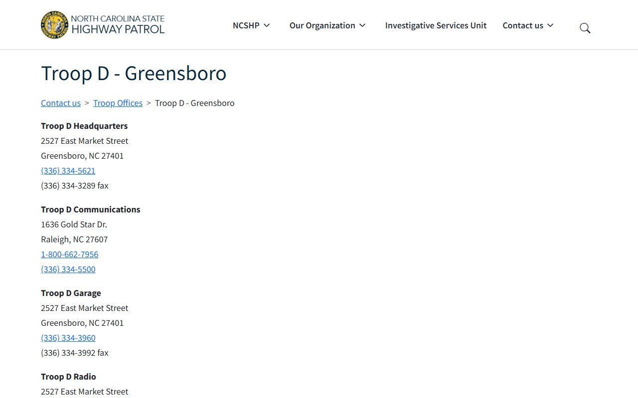 High Point phone codes North Carolina Highway Patrol Troop D contact